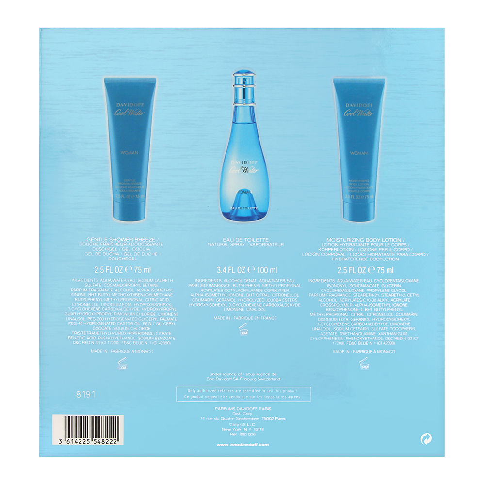 Cool Water by Davidoff for Women 3 Piece Set Includes: 3.4 oz Eau de Toilette Spray + 2.5 oz Moisturising Body Lotion + 2.5 oz Gentle Shower Breeze