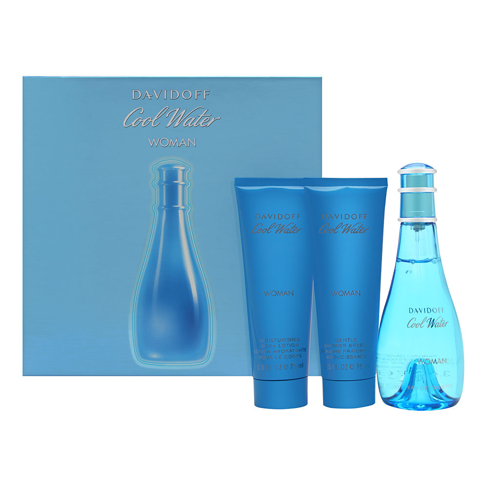 Cool Water by Davidoff for Women 3 Piece Set Includes: 3.4 oz Eau de Toilette Spray + 2.5 oz Moisturising Body Lotion + 2.5 oz Gentle Shower Breeze