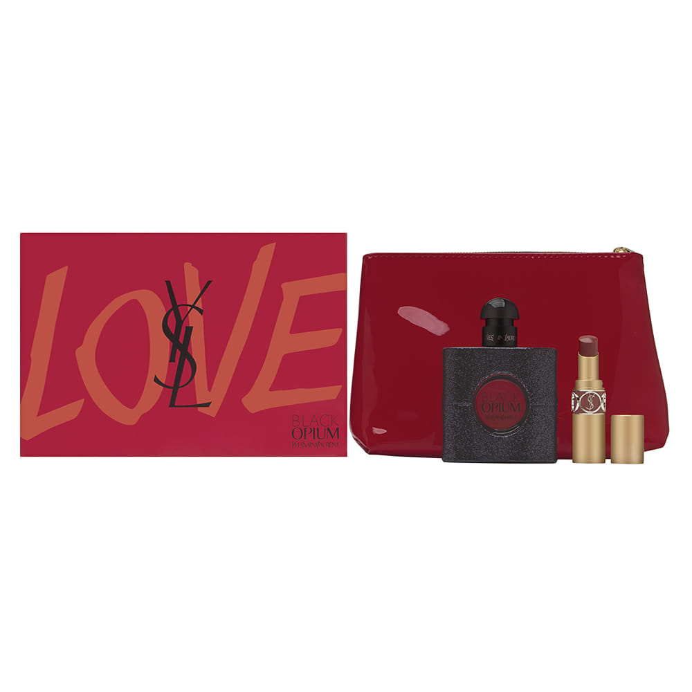 Black Opium by Yves Saint Laurent for Women 3 Piece Set Includes: 1.0 oz Eau de Parfum Spray + Rouge Volupte Shine Lipstick No. 86 + Pouch