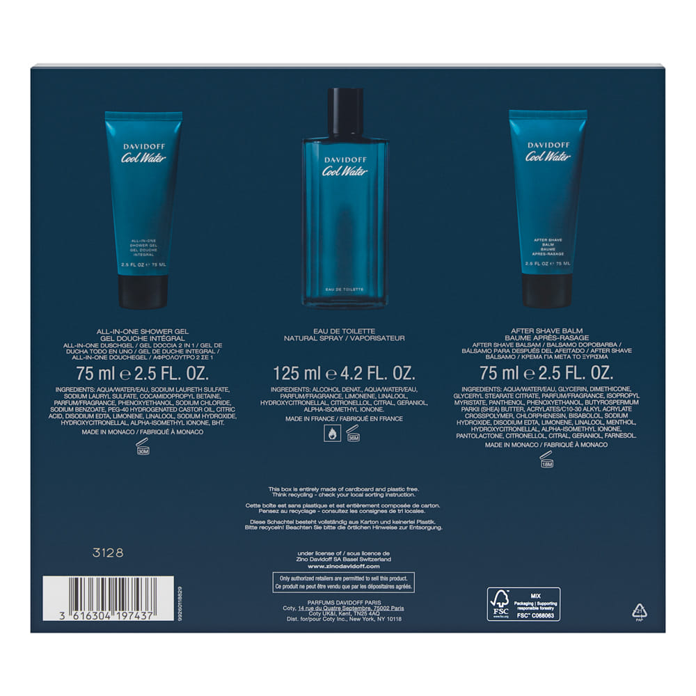 Cool Water by Davidoff for Men 3 Piece Set Includes: 4.2 oz Eau de Toilette Spray + 2.5 oz After Shave Balm + 2.5 oz Shower Gel