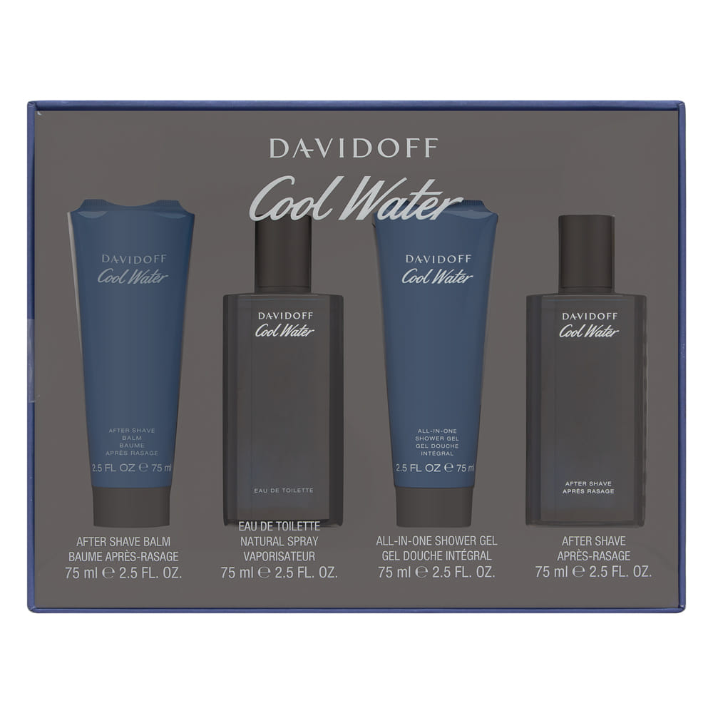 Cool Water by Davidoff for Men 4 Piece Set Includes: 2.5 oz Eau de Toilette Spray + 2.5 oz After Shave + 2.5 oz After Shave Balm + 2.5 oz All-In-One Shower Gel