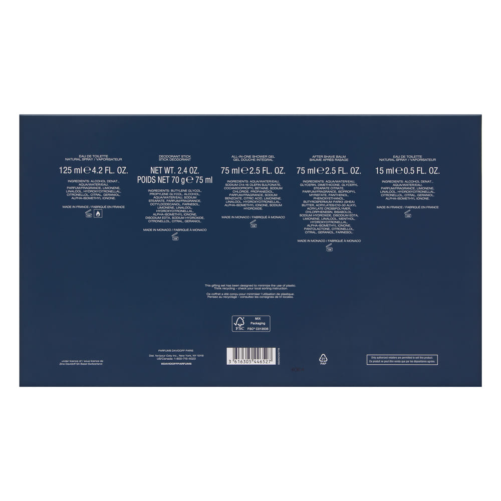 Cool Water by Davidoff for Men 5 Piece Set Includes: 4.2 oz Eau de Toilette Spray + 2.4 oz Deodorant Stick + 2.5 oz All-In-One Shower Gel + 2.5 oz After Shave Balm + 0.5 oz Eau de Toilette Spray