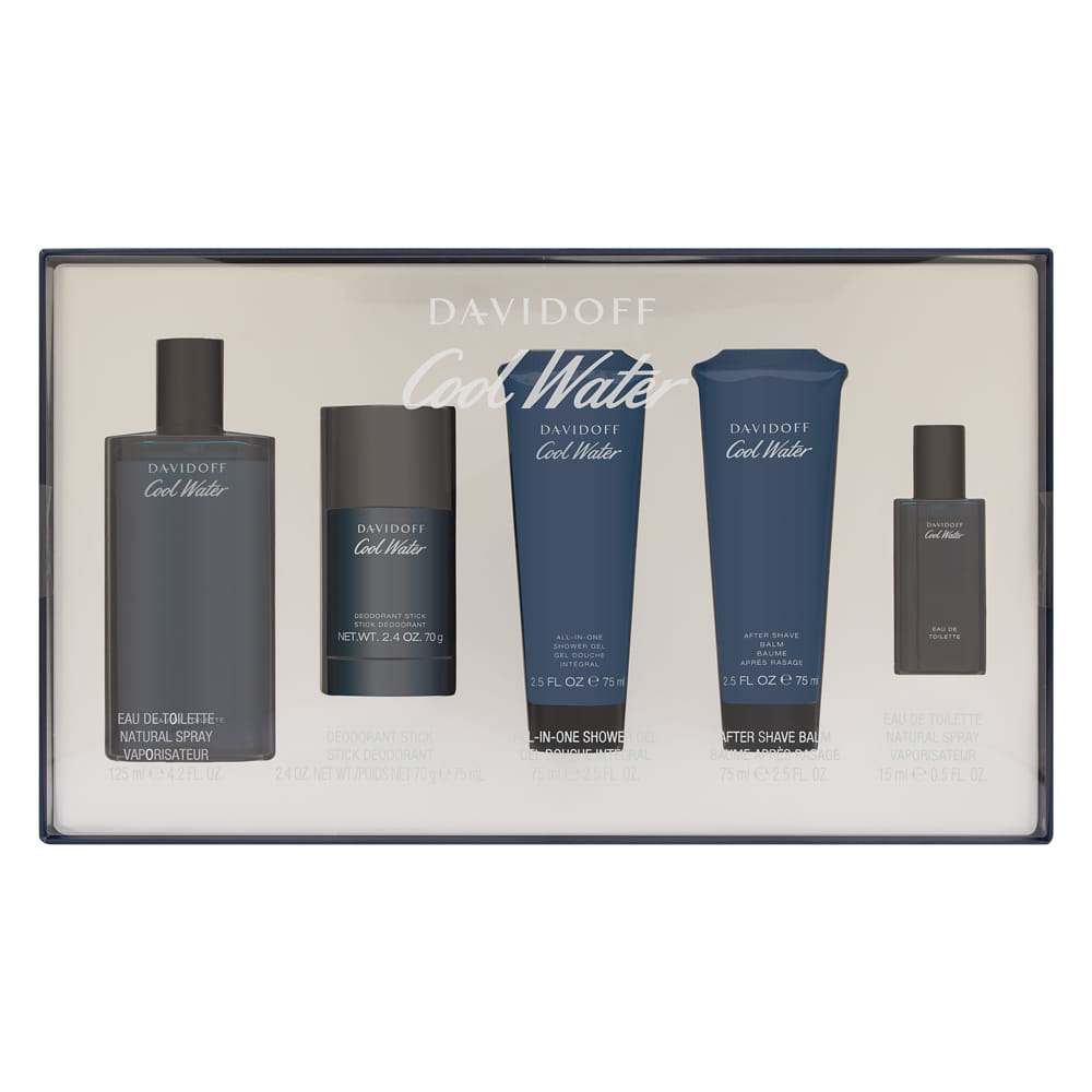 Cool Water by Davidoff for Men 5 Piece Set Includes: 4.2 oz Eau de Toilette Spray + 2.4 oz Deodorant Stick + 2.5 oz All-In-One Shower Gel + 2.5 oz After Shave Balm + 0.5 oz Eau de Toilette Spray
