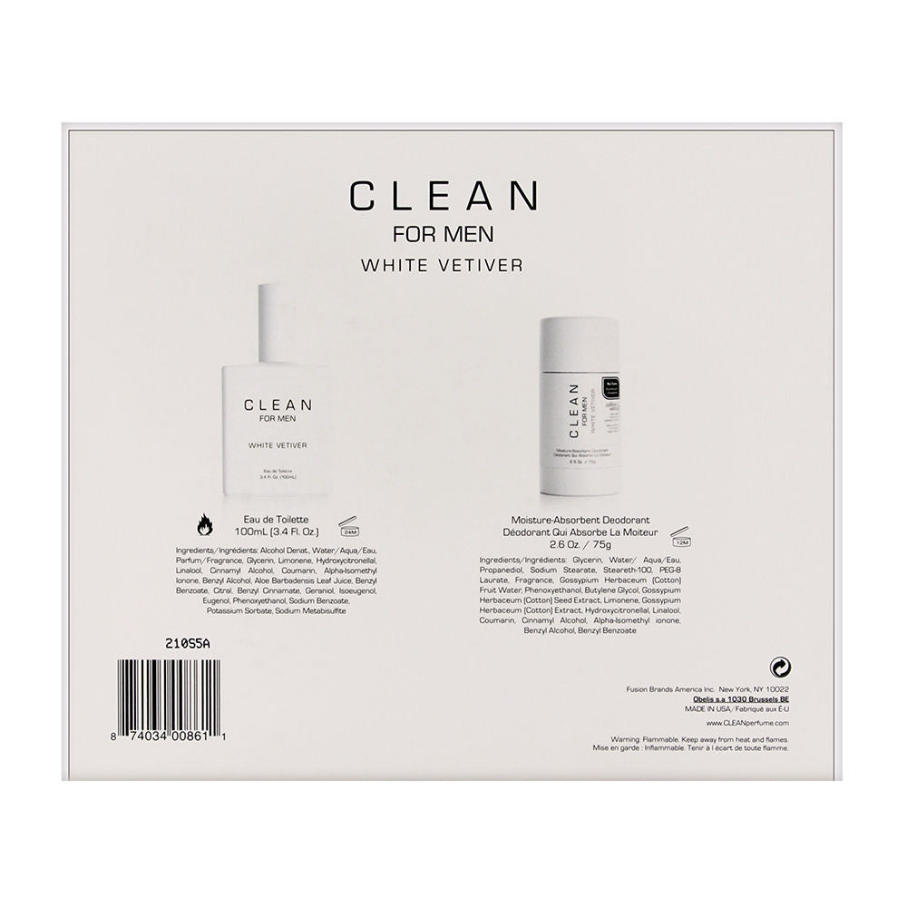 Clean for Men White Vetiver 2 Piece Set Includes: 3.4 oz Eau De Toilette Spray + 2.6 oz Deodorant Stick