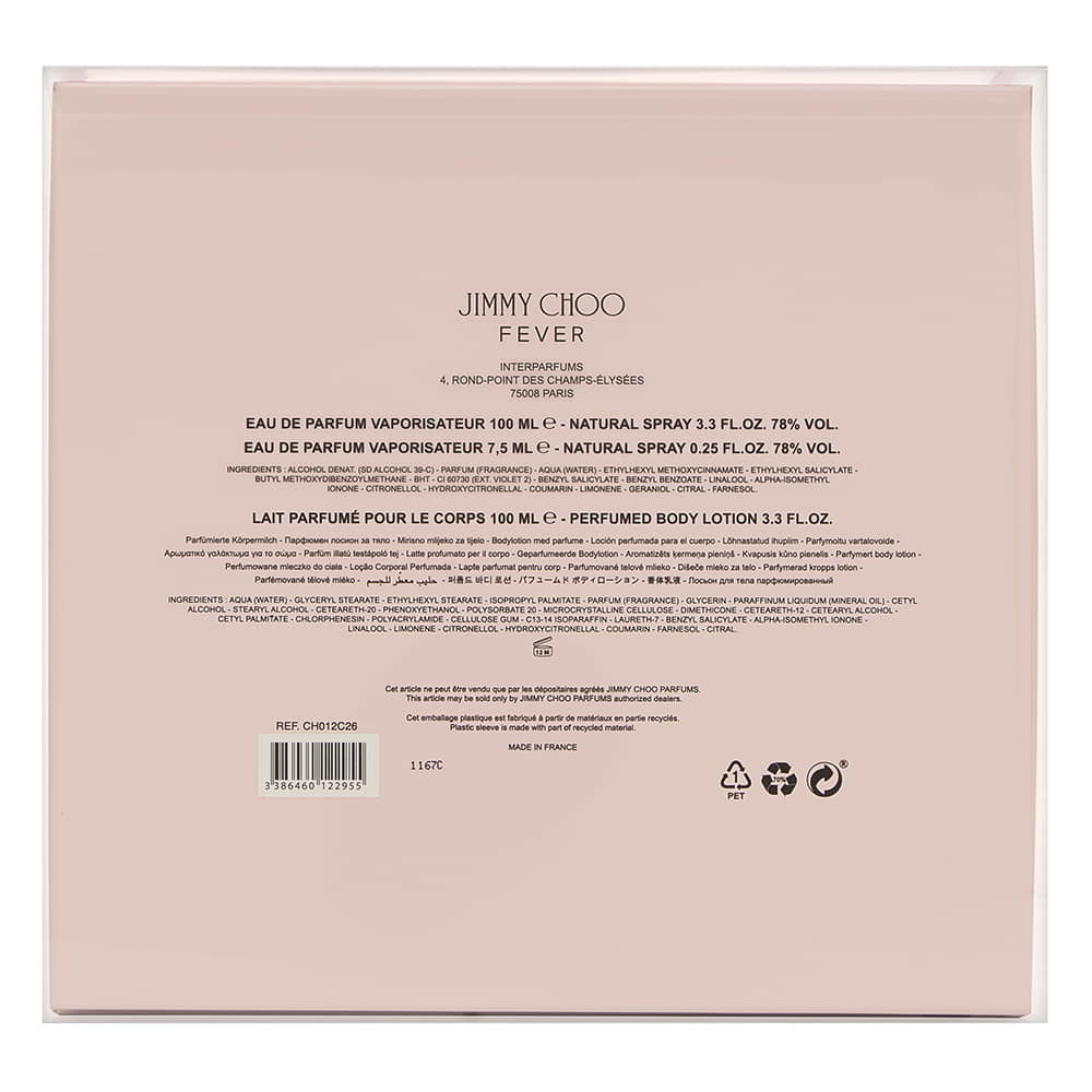 Jimmy Choo Fever for Women 3 Piece Set Includes: 3.3 oz Eau de Parfum Spray + 0.25 oz Eau de Parfum Travel Spray + 3.3 oz Perfumed Body Lotion