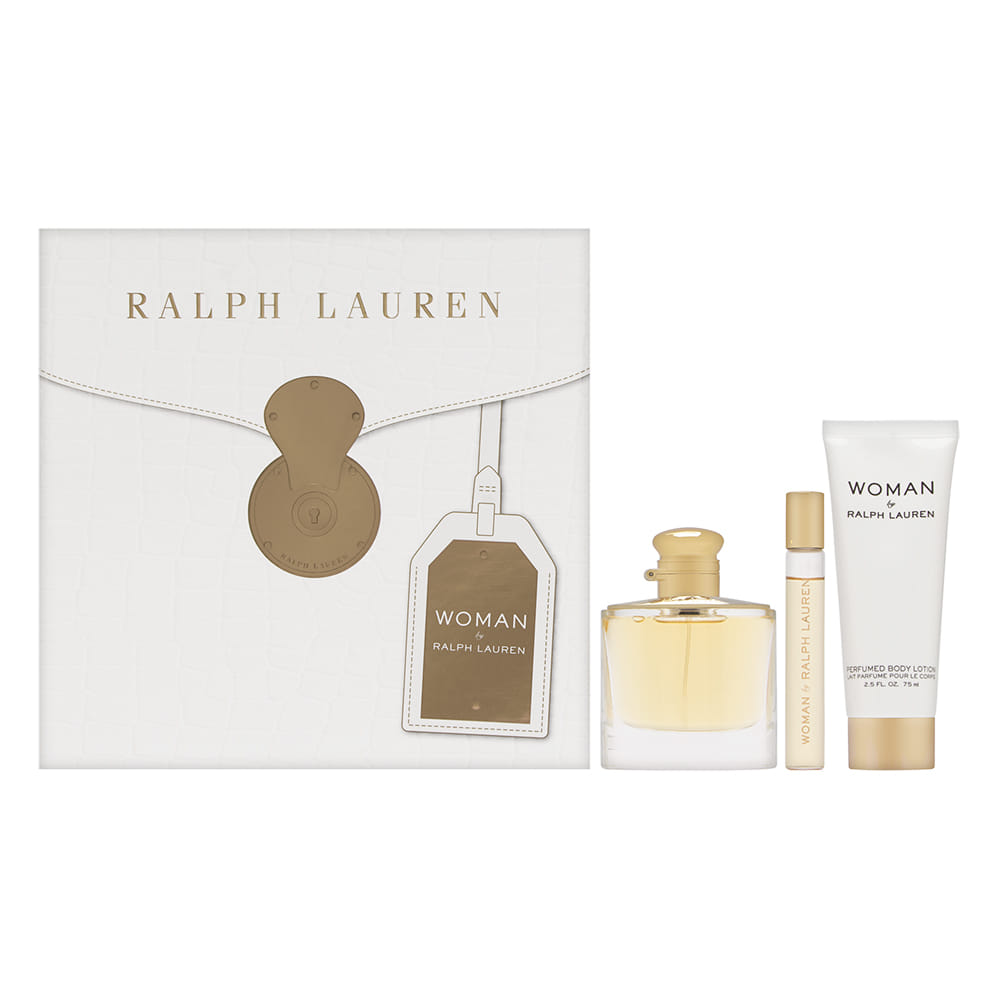 Woman by Ralph Lauren 3 Piece Set Includes: 1.7 oz Eau de Parfum Spray + 0.34 oz Eau de Parfum Rollerball + 2.5 oz Perfumed Body Lotion