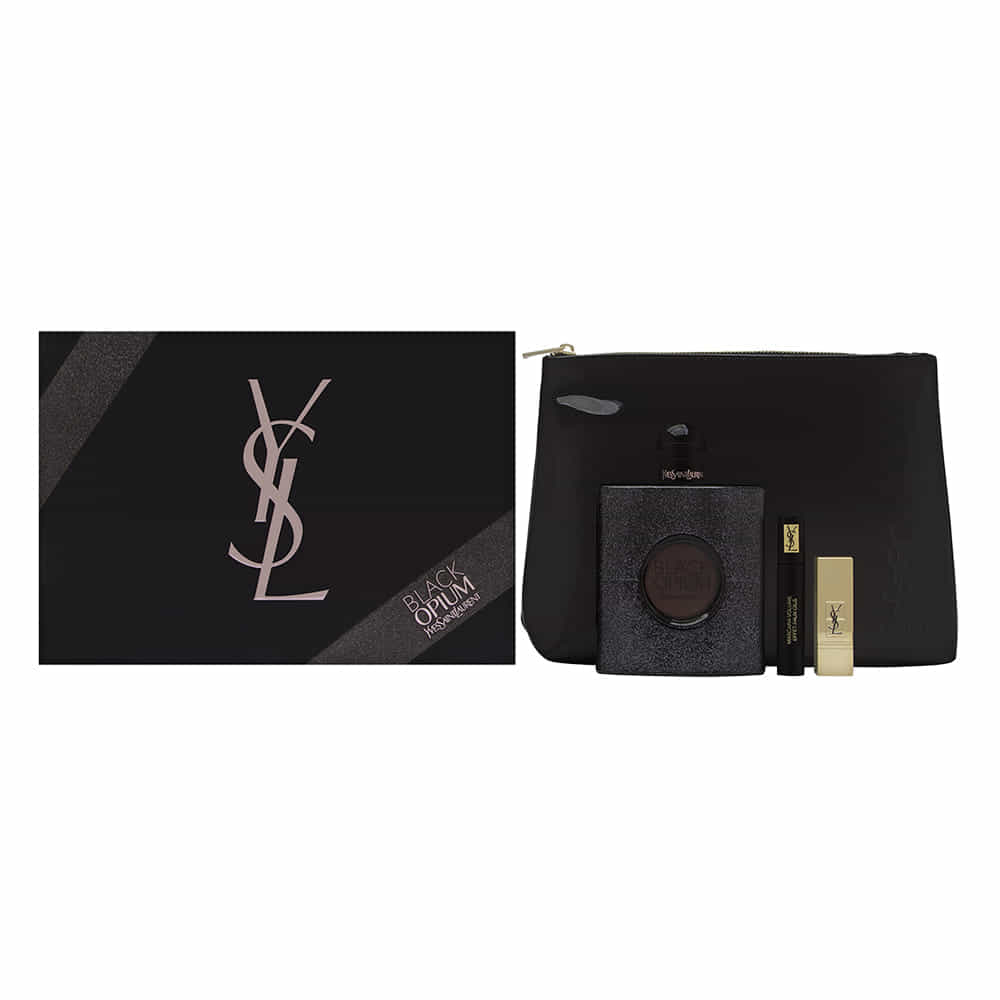 Black Opium by Yves Saint Laurent for Women 4 Piece Set Includes: 3.0 oz Eau de Parfum Spray + 1 Mascara Volume Effect Faux Cils N.1 + Rouge Pur Couture N.1 Lipstick + Pouch