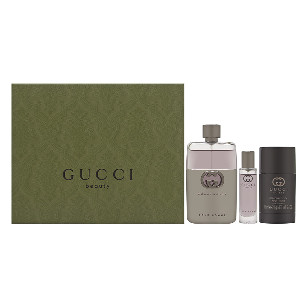 Gucci Guilty by Gucci for Men 3 Piece Set Includes: 3.0 oz Eau de Toilette Spray + 2.4 oz Deodorant Stick + 0.5 oz Eau de Toilette Travel Spray