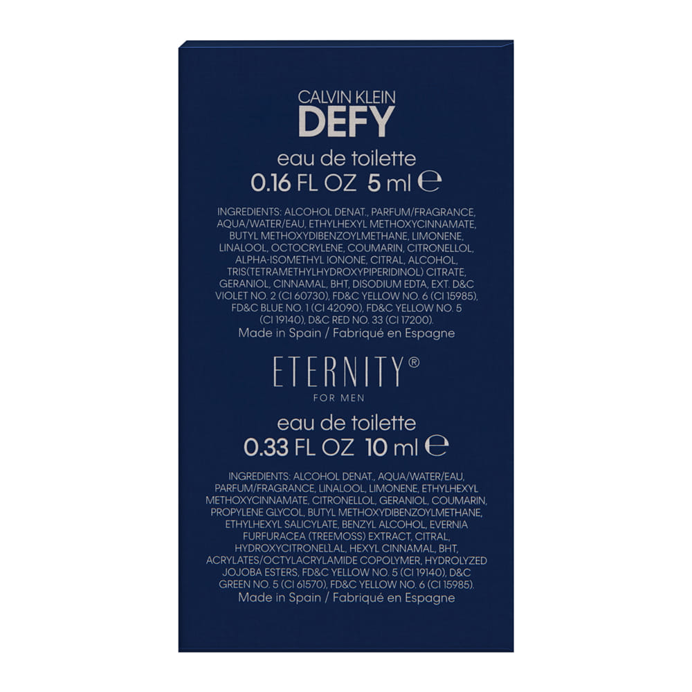 Calvin Klein Travel Exclusive Miniature Collection for Men 4 Piece Set Includes: CK One 2 x 0.33 oz Eau de Toilette + Calvin Klein Defy 0.16 oz Eau de Toilette + Eternity 0.33 oz Eau de Toilette