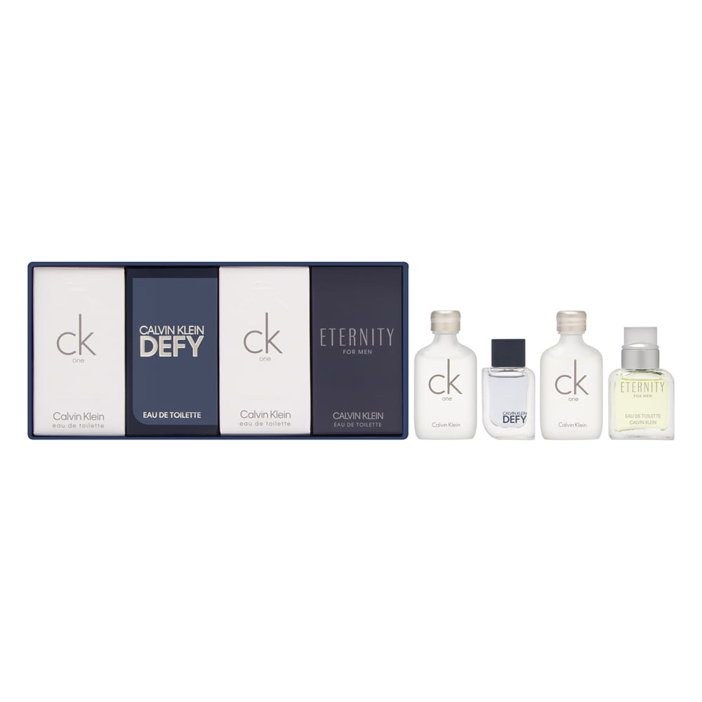 Calvin Klein Travel Exclusive Miniature Collection for Men 4 Piece Set Includes: CK One 2 x 0.33 oz Eau de Toilette + Calvin Klein Defy 0.16 oz Eau de Toilette + Eternity 0.33 oz Eau de Toilette
