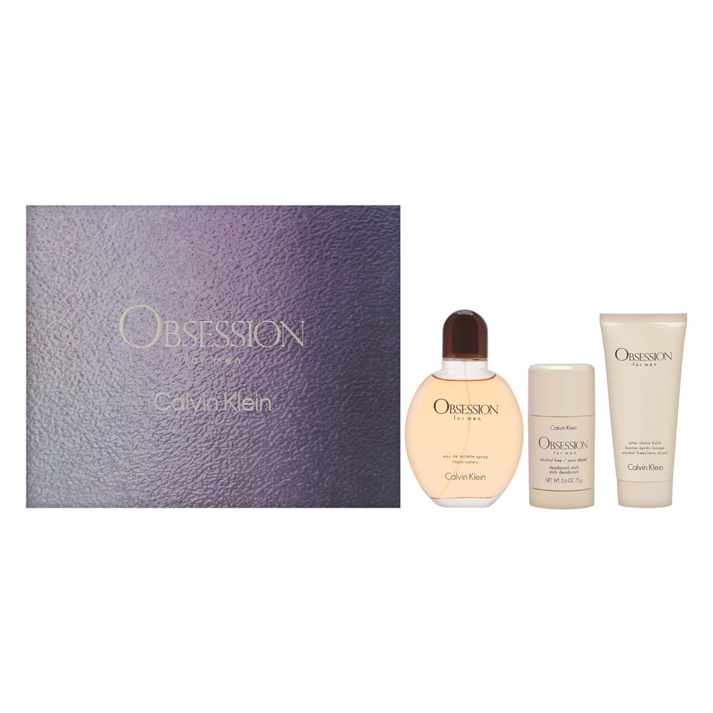 Obsession by Calvin Klein for Men 3 Piece Set Includes: 4.2 oz Eau de Toilette Spray + 2.6 oz Alcohol Free Deodorant Stick + 3.3 oz After Shave Balm