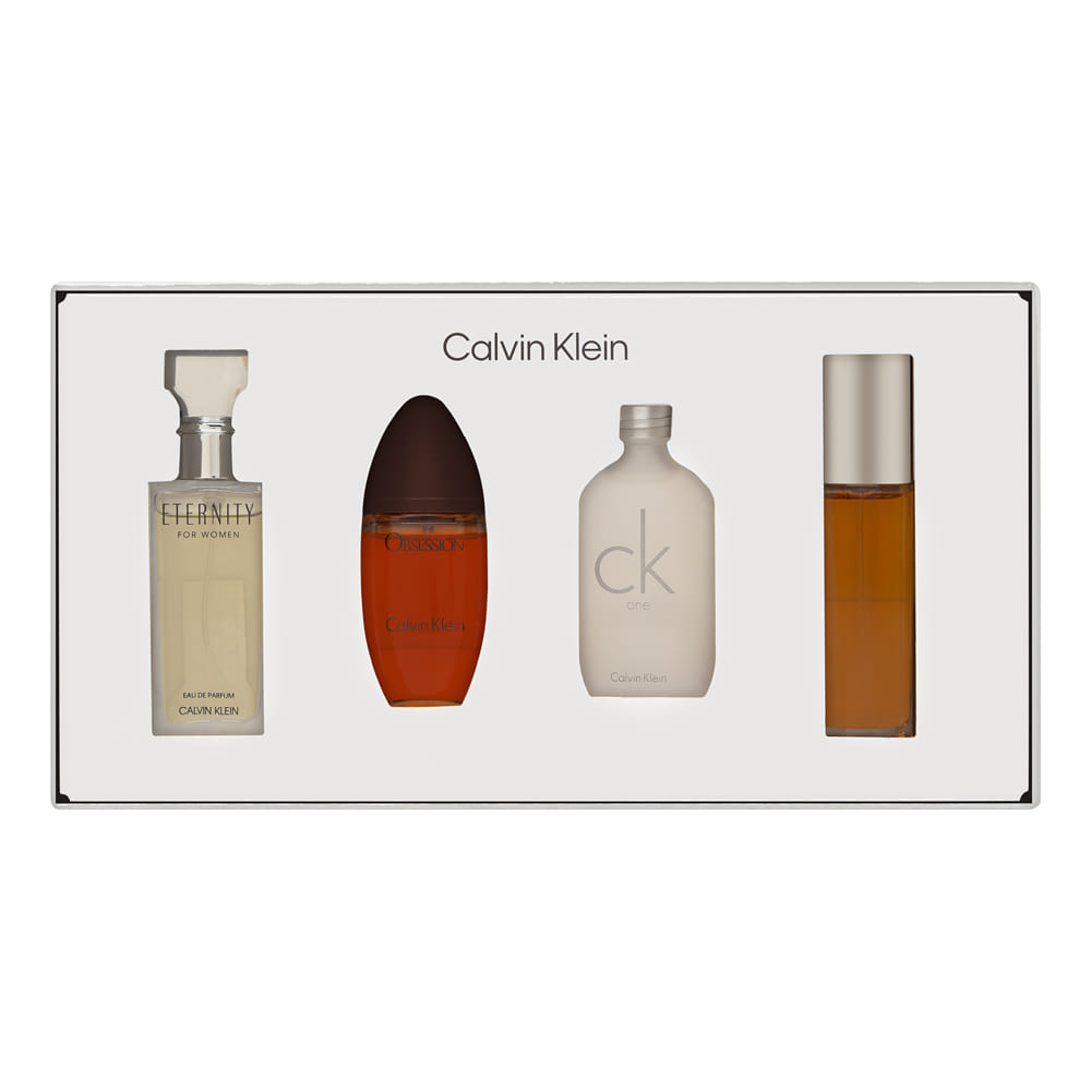 Calvin Klein Miniature Collection for Women 4 Piece Set Includes: Eternity for Women 0.5 oz Eau de Parfum + Obsession 0.5 Eau de Parfum + CK One 0.5 oz Eau de Toilette + Escape 0.5 oz Eau de Parfum