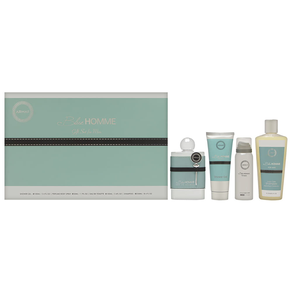 Blue Homme by Armaf for Men 4 Piece Set Includes: 3.4 oz Shower Gel + 1.7 oz Perfumed Body Spray  + 3.4 oz Eau de Toilette + 8.4 oz Shampoo