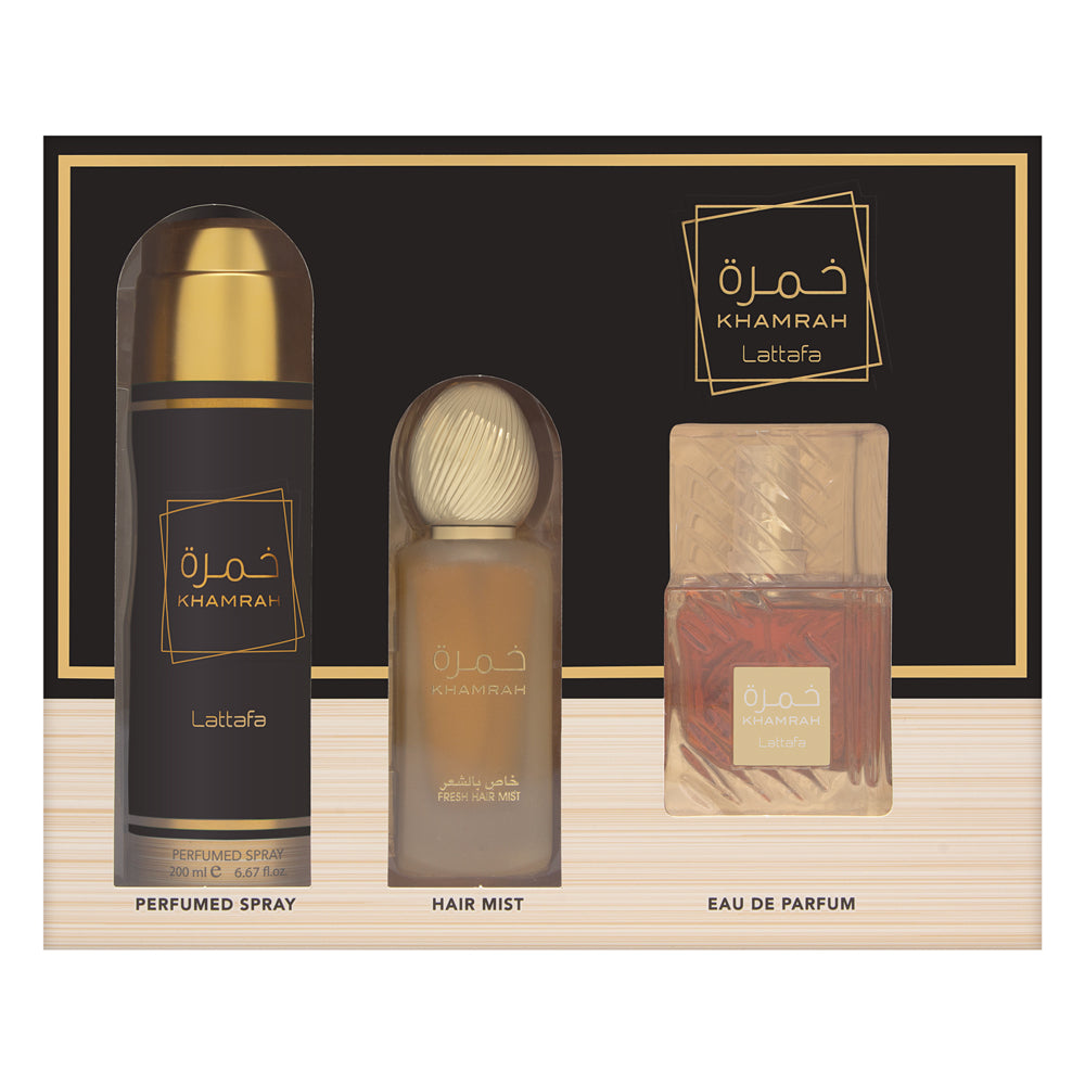 Lataffa Khamrah 3 Piece Set Includes: 3.4 oz Eau de Parfum Spray + 6.67 oz Perfumed Spray  + 1.6 oz Hair Mist