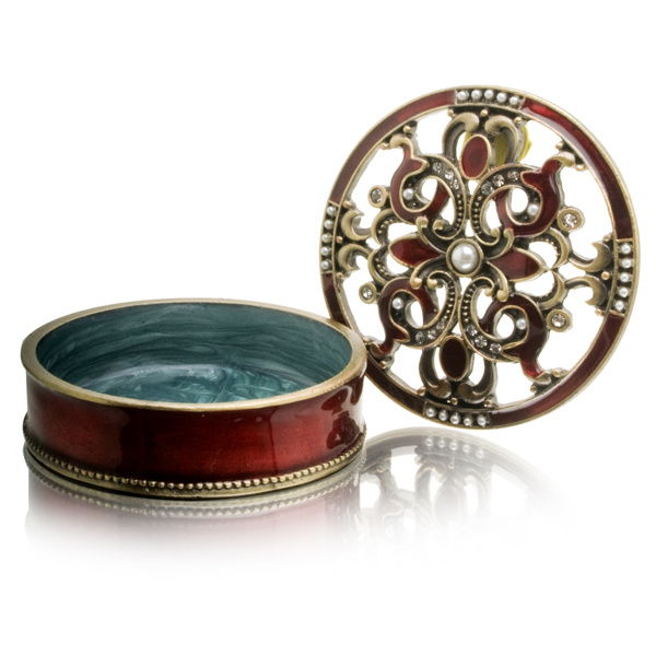 Round Trinket Box with Clear Rhinestones and Pearl Center J-171