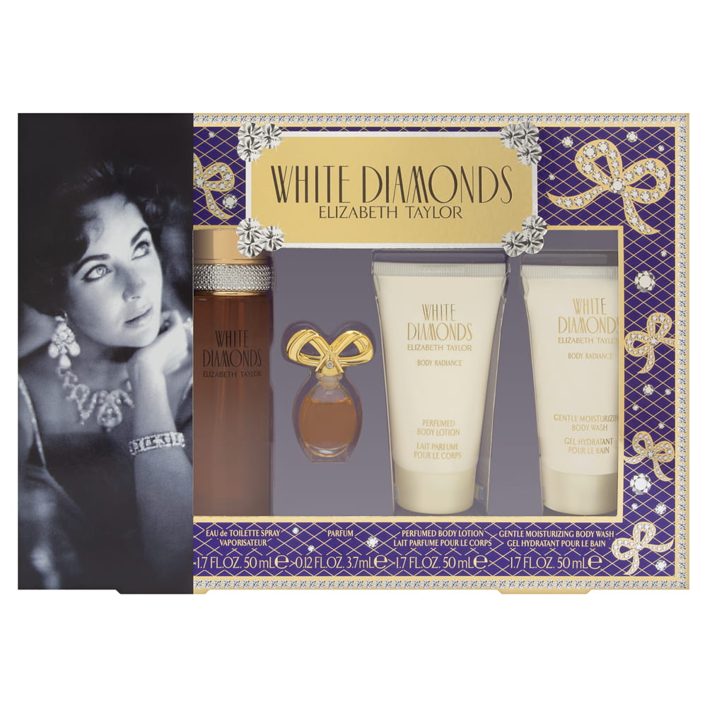 White Diamonds by Elizabeth Taylor for Women 4 Piece Set Includes: 1.7 oz Eau de Toilette Spray + 0.12 oz Parfum Miniature + 1.7 oz Perfumed Body Lotion + 1.7 oz Gentle Moisturizing Body Wash