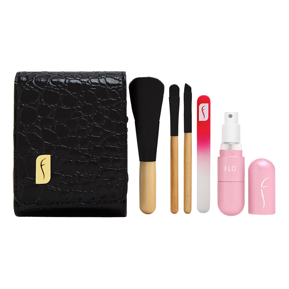 Flo Beauty To Go Kit 3 Piece Set Includes: Perfume Atomizer + Crystal Nail File + Makeup Brush Trio