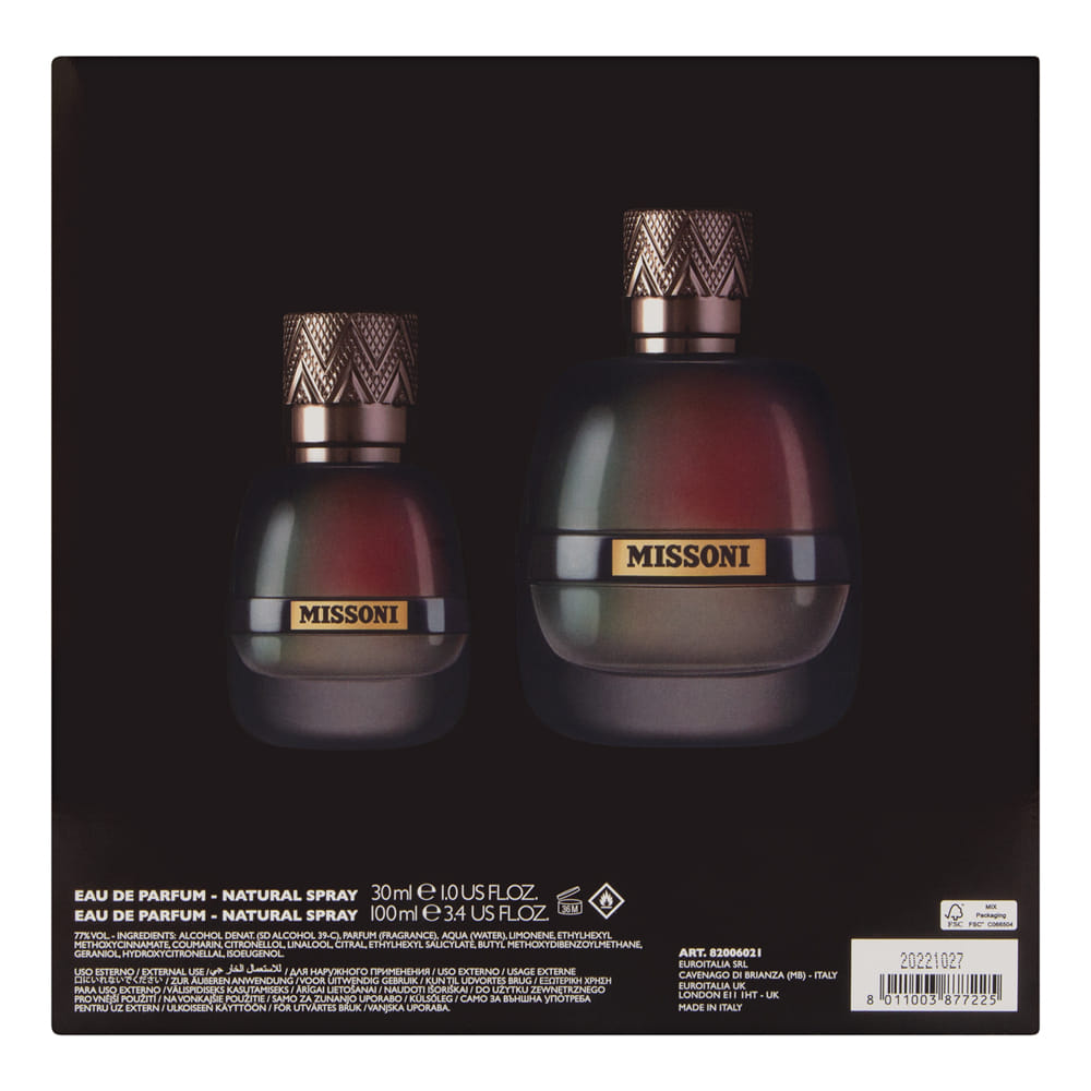 Missoni for Men 2 Piece Set Includes: 3.4 oz Eau de Parfum Spray + 1.0 oz Eau de Parfum Spray