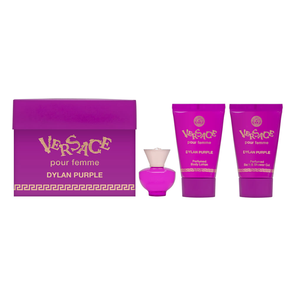 Versace Dylan Purple for Women 3 Piece Set Includes: 0.17 oz Eau de Parfum + 0.8 oz Perfumed Bath Shower Gel + 0.8 oz Perfumed Body Lotion