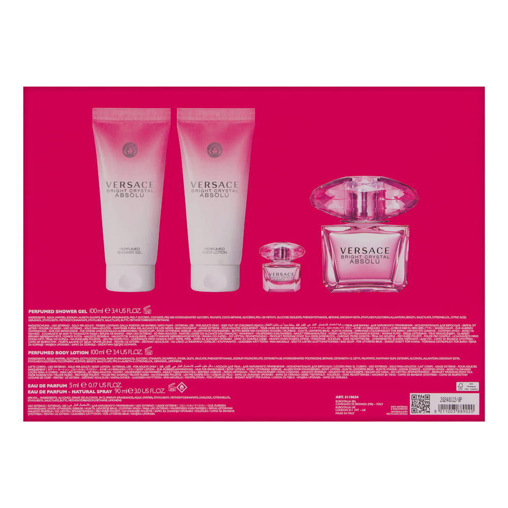 Versace Bright Crystal Absolu by Versace for Women 4 Piece Set Includes: 3.0 oz Eau de Parfum Spray + 0.17 oz Eau de Parfum + 3.4 oz Perfumed Shower Gel + 3.4 oz Perfumed Body Lotion