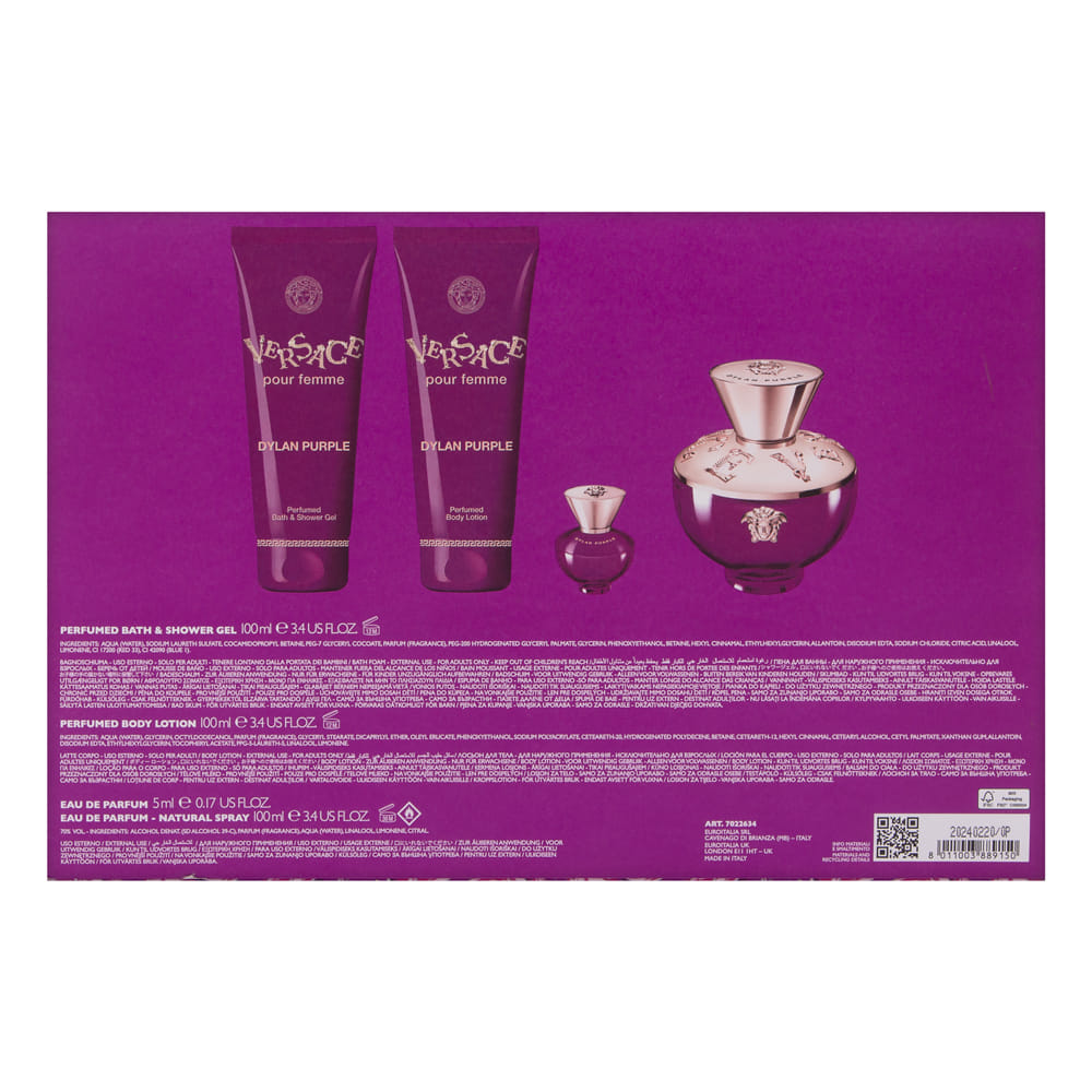 Versace Dylan Purple for Women 4 Piece Set Includes: 3.4 oz Eau de Parfum Spray + 3.4 oz Perfumed Bath Shower Gel + 3.4 oz Perfumed Body Lotion + 0.17 oz Eau de Parfum