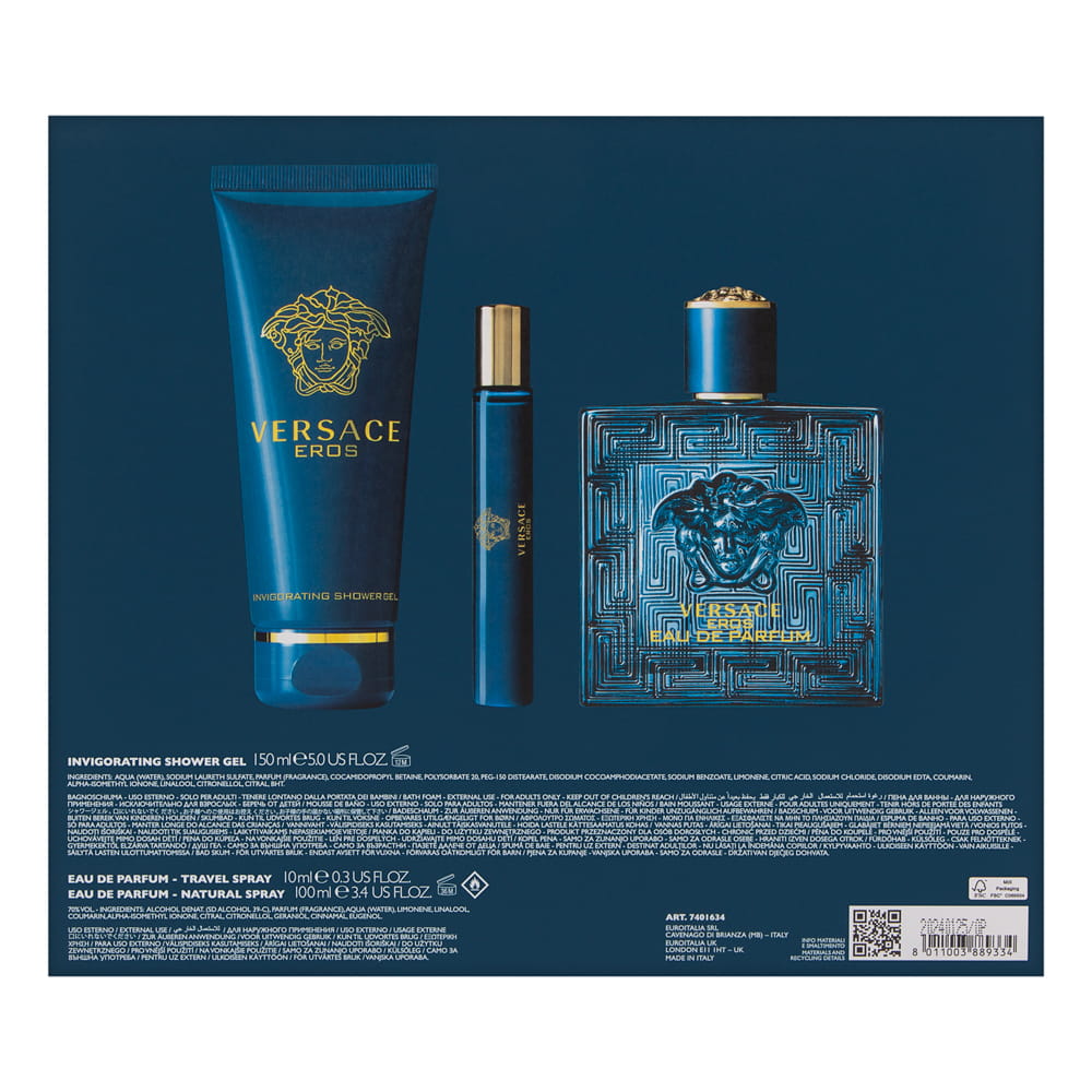 Versace Eros for Men 3 Piece Set Includes: 3.4 oz Eau de Parfum Natural Spray + 0.3 oz Eau de Parfum Travel Spray + 5.0 oz Invigorating Shower Gel