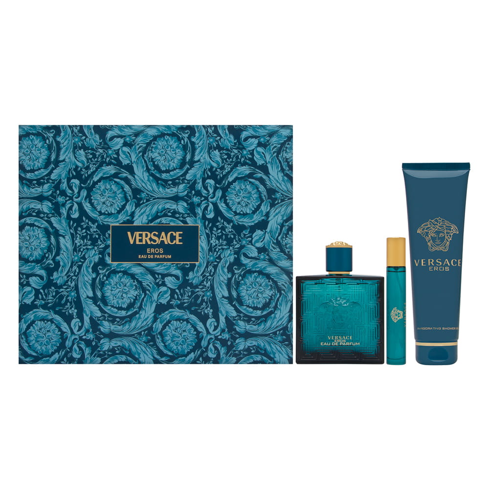 Versace Eros for Men 3 Piece Set Includes: 3.4 oz Eau de Parfum Natural Spray + 0.3 oz Eau de Parfum Travel Spray + 5.0 oz Invigorating Shower Gel