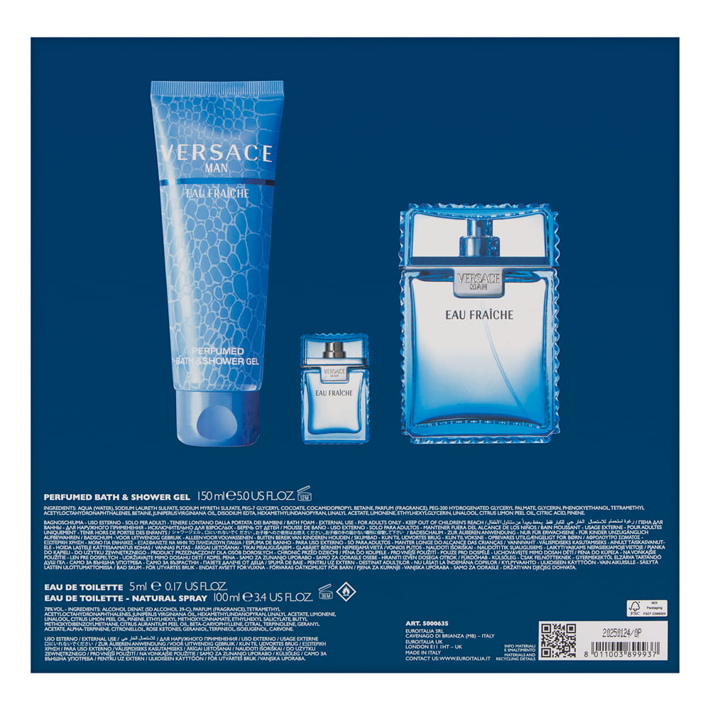 Versace Man Eau Fraiche by Versace for Men 3 Piece Set Includes: 3.4 oz Eau de Toilette Spray + 5.0 oz Perfumed Bath & Shower Gel + 0.17 oz Eau de Toilette Miniature Collectable