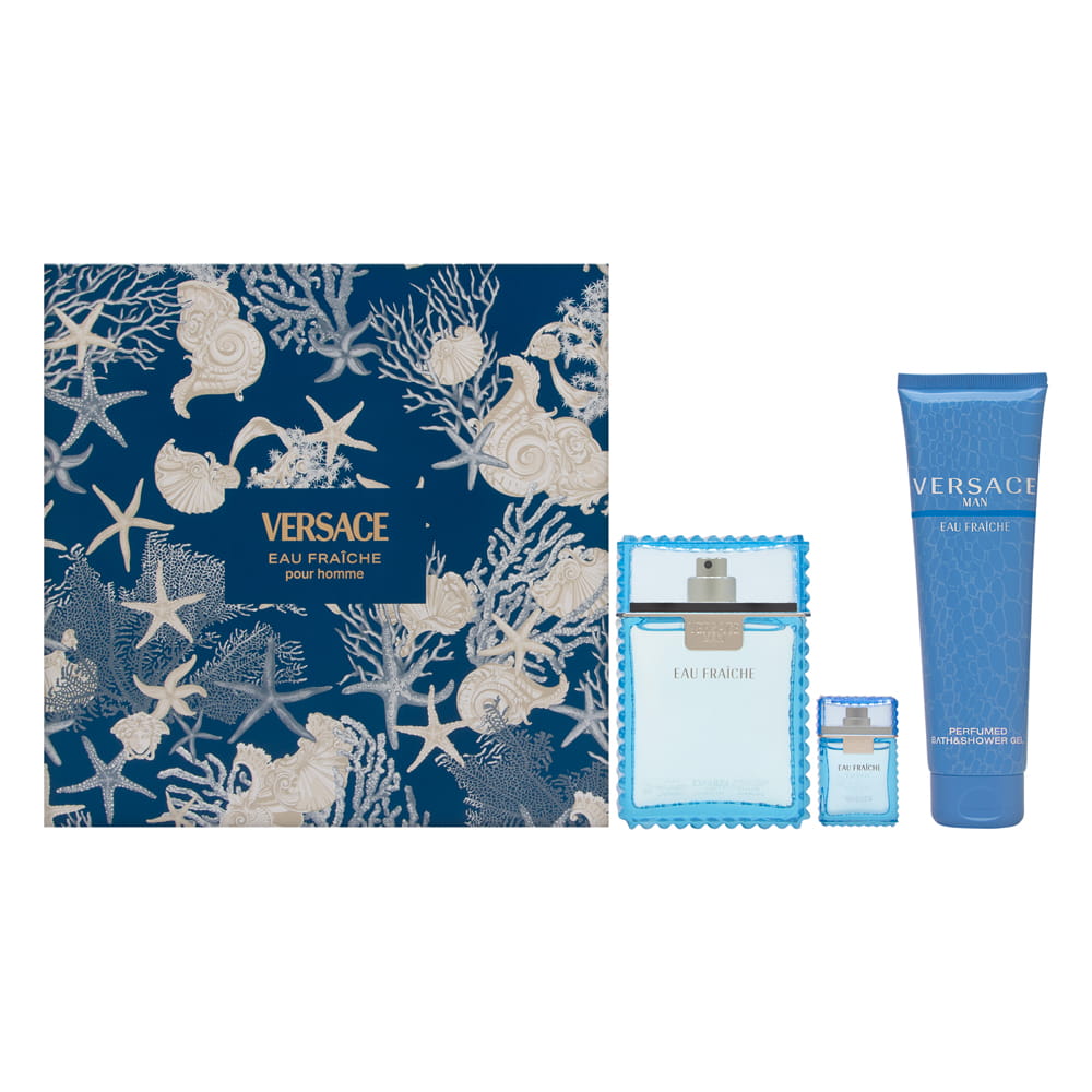 Versace Man Eau Fraiche by Versace for Men 3 Piece Set Includes: 3.4 oz Eau de Toilette Spray + 5.0 oz Perfumed Bath & Shower Gel + 0.17 oz Eau de Toilette Miniature Collectable