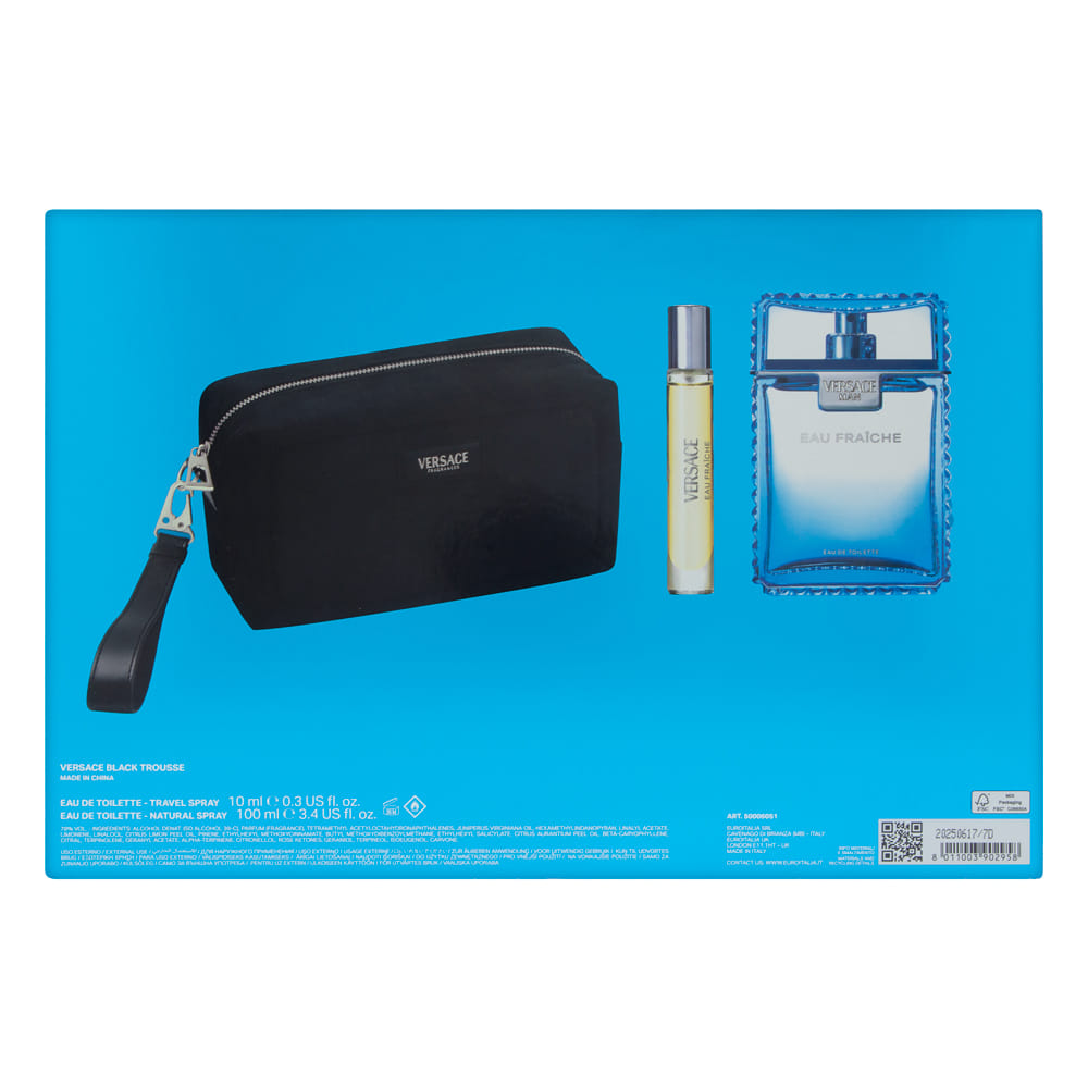 Versace Man Eau Fraiche by Versace for Men 3 Piece Set Includes: 3.4 oz Eau de Toilette Spray + 0.3 oz Eau de Toilette Travel Spray +  1 Versace Black Trousse