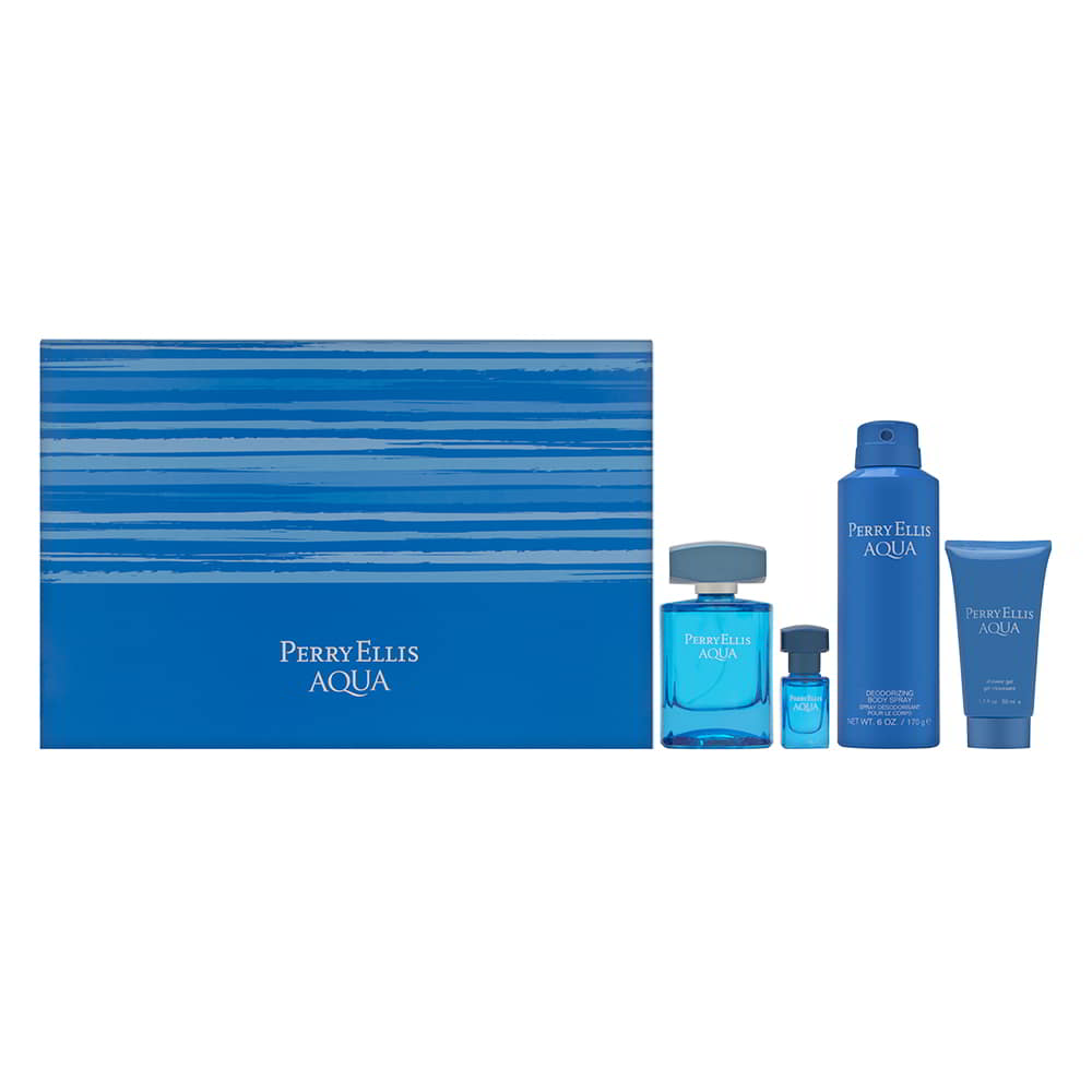 Perry Ellis Acqua for Men 4 Piece Set Includes: 3.4 oz Eau de Toilette Spray + Deodorizing Body Spray +1.7 Shower Gel + 0.25 oz Eau de Toilette Spray