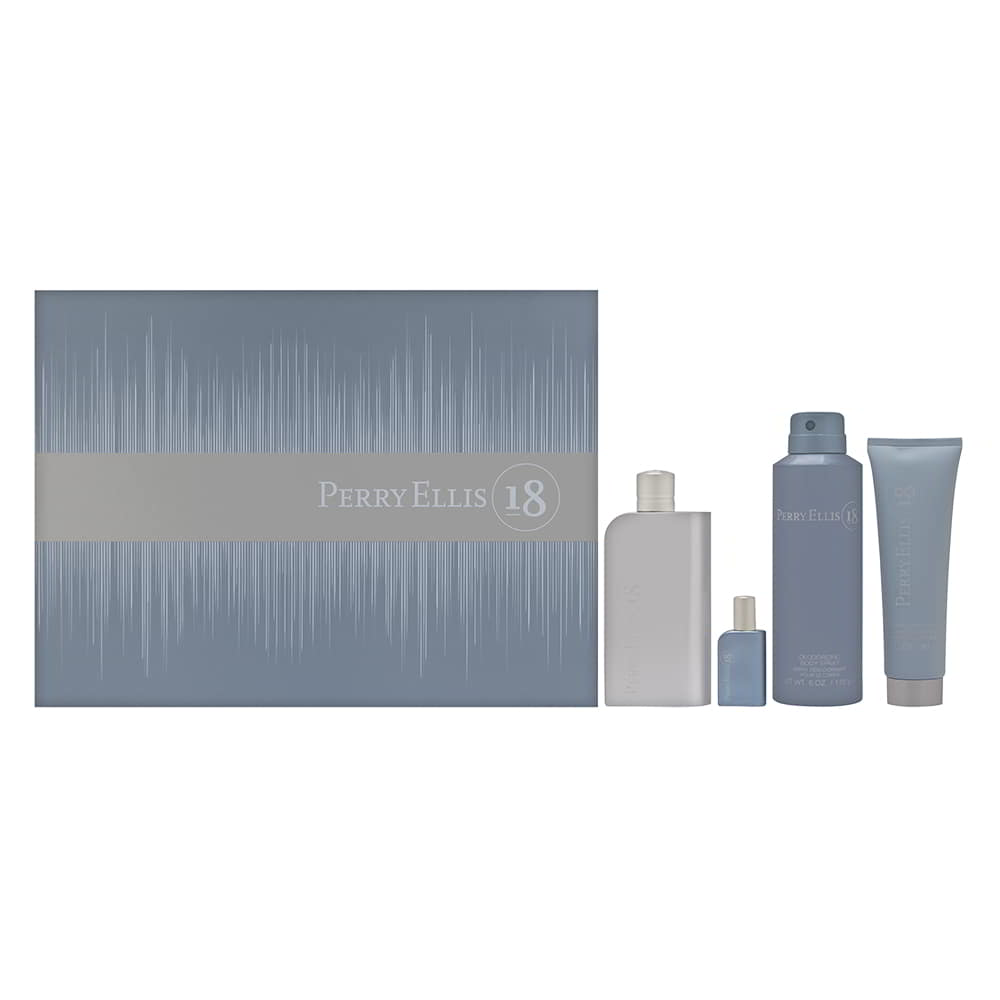 Perry Ellis 18 for Men 4 Piece Set Includes: 3.4 oz Eau de Toilette Spray + Deodorizing Body Spray + 3.0 oz Hair & Body Wash + 0.25 oz Eau de Toilette Spray